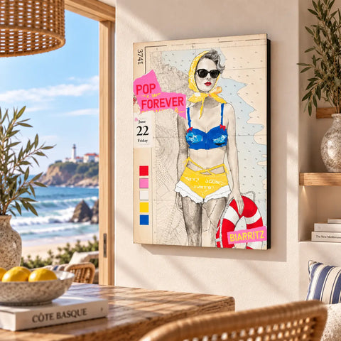 Vibrant pop forever limited edition aluminium canvas featuring a woman in blue and yellow swimwear with colorful map background