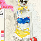 A stylized illustration of a woman in a vibrant blue yellow and red bikini with a matching yellow headscarf on pop forever limited edition aluminium