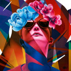 Stylized portrait of a figure wearing sunglasses and floral headpieces against a vibrant geometric background.