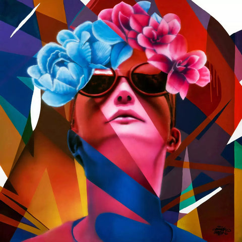 Stylized portrait of a figure wearing sunglasses and floral headpieces against a vibrant geometric background.