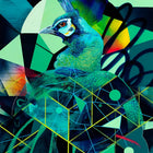 A painting of a bird with geometric shapes
