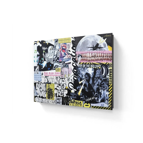 Graffiti-style canvas artwork featuring a collage of urban street art elements and pop culture imagery.