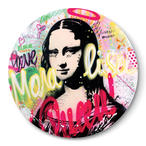 A button with a painting of a woman’s face