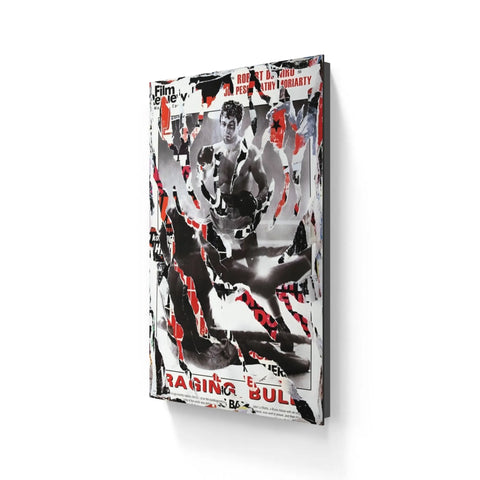 Canvas print featuring an abstract, graffiti-style artwork of a raging bull in black, white, and red.
