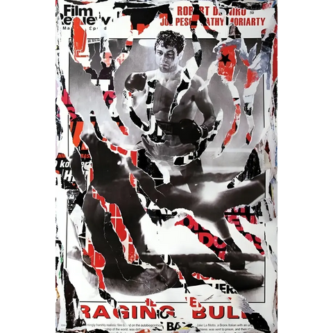 Torn and collaged poster for the film ’Raging Bull’ featuring a shirtless boxer in a fighting stance.