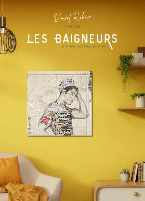 A rectangular canvas artwork featuring a stylized male figure in black and white with text collage details, mounted on a vibrant yellow wall.