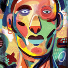 A painting of a woman with a face painted in bright colors