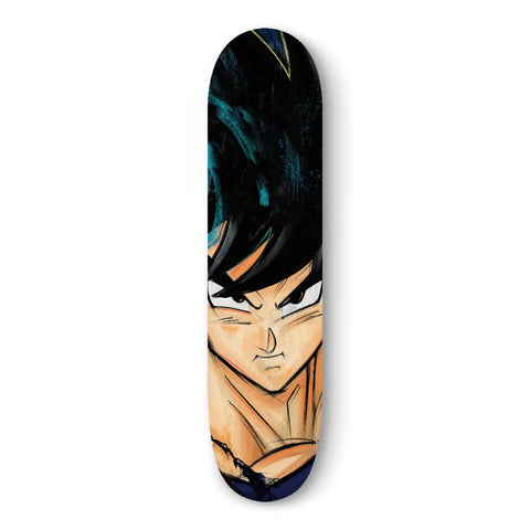 Skateboard deck featuring an anime character’s face and upper body.