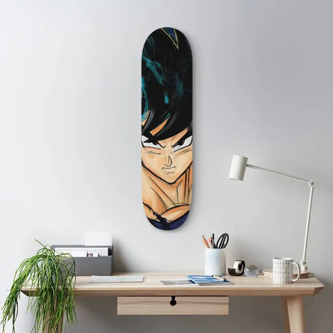 Skateboard deck featuring an anime character’s face and upper body painted on it.