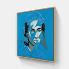 A blue and white painting of a woman with a blue background