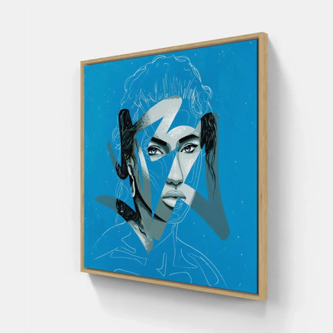 A blue and white painting of a woman with a blue background
