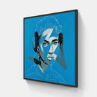A framed print of a woman with blue eyes