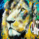 A painting of a lion with colorful paint strokes