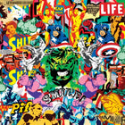A vibrant, colorful pop art collage featuring comic book characters like Hulk and Captain America, alongside other cultural icons.