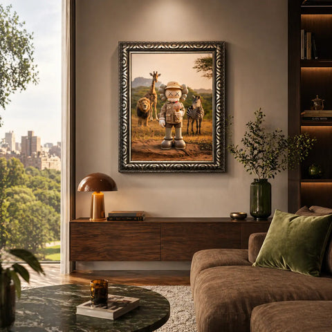 A framed kaws-style cartoon character in safari gear with a lion, giraffe, and zebra on original aluminium artwork