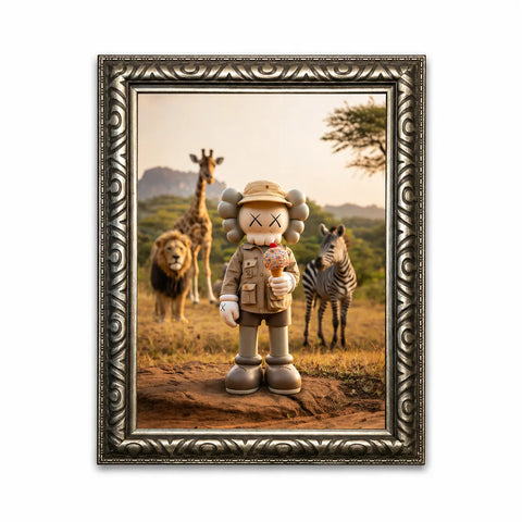 A beige kaws-style safari figurine holding an ice cream cone framed by ornate silver detailing in aluminium artwork