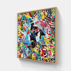 A framed painting of a man with a guitar