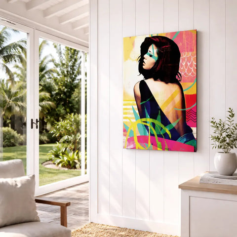 Spring memory limited edition aluminium canvas features a vibrant abstract portrait of a woman with teal face paint