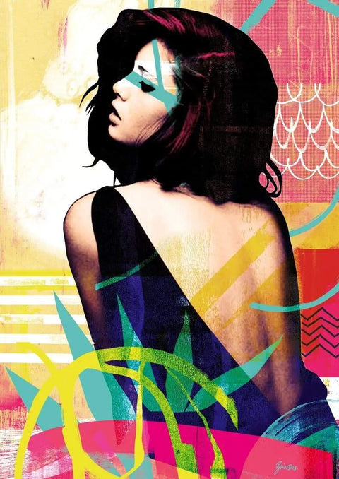 A limited edition aluminium spring memory product featuring a stylized pop art portrait of a woman with dark hair