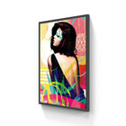 Vibrant pop-art canvas print spring memory featuring a woman with dark hair and bold geometric patterns in aluminum frame