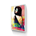 A vibrant pop-art aluminium canvas print featuring a woman with dark hair and teal eye mask in bold geometric patterns