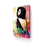 Vibrant abstract art canvas featuring a woman with dark hair and colorful geometric patterns on limited edition aluminium
