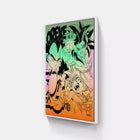 A painting on a wall with a colorful background