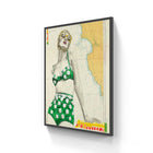 A framed vintage-style aluminium poster featuring a woman in a green floral swimsuit on a nautical map background