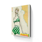 A vibrant green and white floral bikini set with retro design in limited edition aluminium displayed on vintage map background