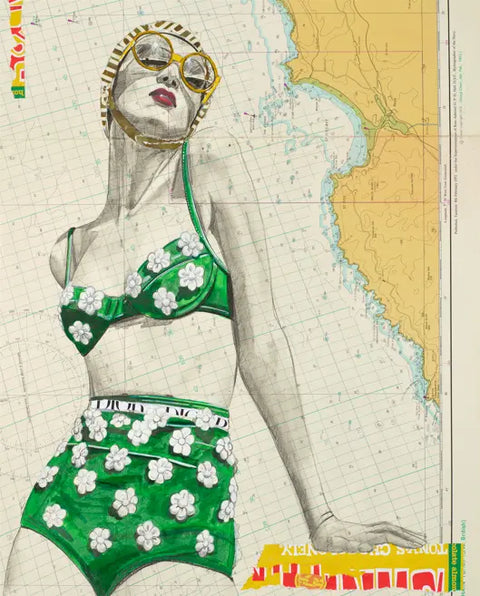 A vibrant green aluminium floral bikini set with white flower appliqués and matching belt from St Yves limited edition