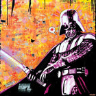 Darth Vader holding a lightsaber against a graffiti-style backdrop.