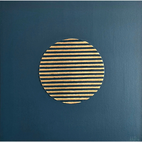 Circular disc with alternating gold and navy blue horizontal stripes.