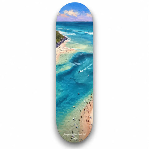 A skateboard deck featuring a vibrant painterly coastal scene with turquoise waters and sandy beaches titled tallebudgera creek australia keepsake fakeboard
