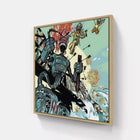 A framed print of a knight and his knights