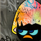 A painting of a bird with a colorful face