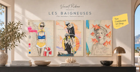Three framed pop-art style canvases featuring stylized female figures in swimwear, rendered with vibrant colors and graphic design elements.