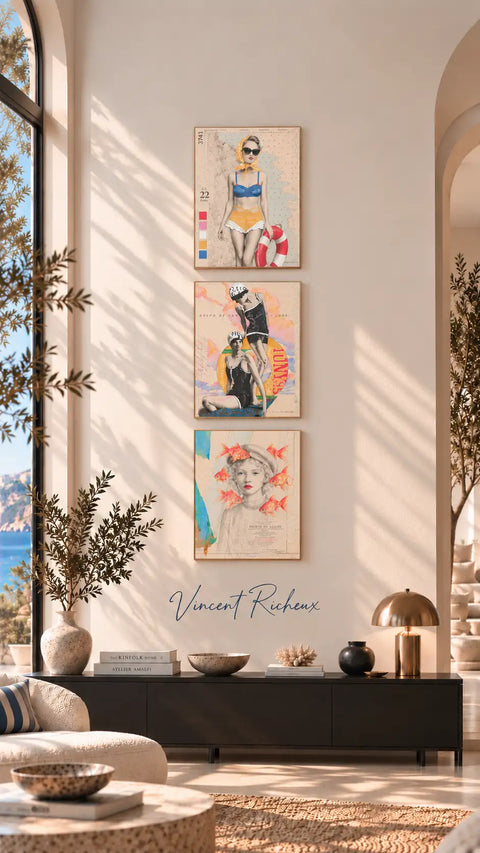 Three vertically arranged framed artworks featuring stylized illustrations of women in swimwear and beach-themed scenes, each with a beige matting border.