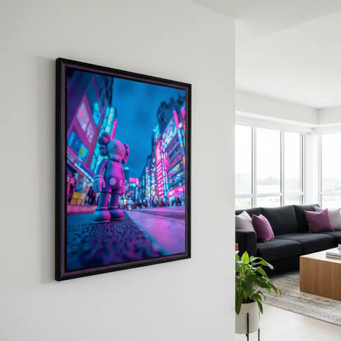 Framed artwork of a stylized character in a neon cityscape