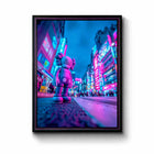 A framed original aluminium artwork titled Tokyo Kweam featuring a kaws-style figure in neon pink and blue city night scene