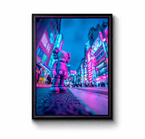A framed original aluminium artwork titled Tokyo Kweam featuring a kaws-style figure in neon pink and blue city night scene
