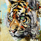 A painting of a tiger with a city skyline in the background