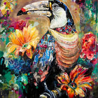 A vibrant, mixed-media painting of a toucan with a black and white head, colorful beak adorned with newspaper clippings, and body covered in layered textures including blues, oranges, and yellows, surrounded by bold floral elements.