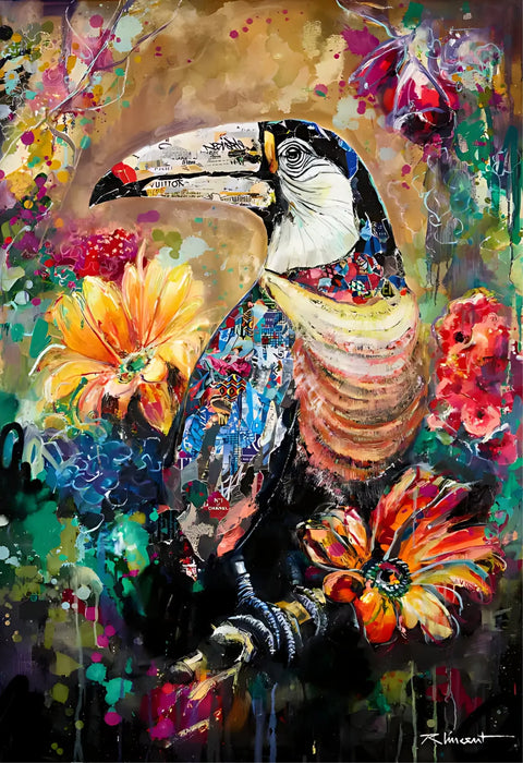 A vibrant, mixed-media painting of a toucan with a black and white head, colorful beak adorned with newspaper clippings, and body covered in layered textures including blues, oranges, and yellows, surrounded by bold floral elements.