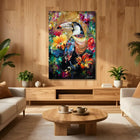 Vibrant abstract painting of a toucan surrounded by colorful flowers, featuring bold brushstrokes and mixed media on canvas.