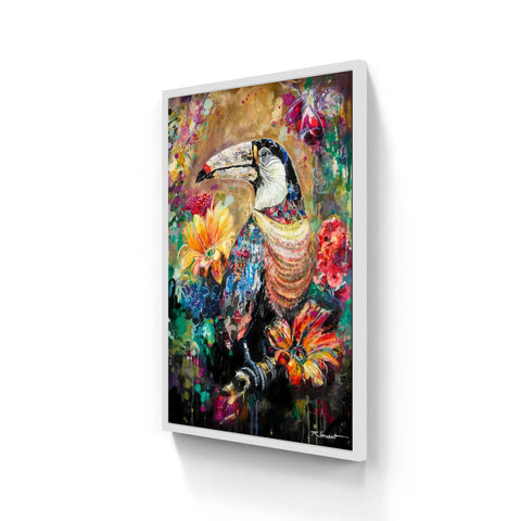 Vibrant abstract painting featuring a toucan with colorful, textured feathers and bold floral elements in a white frame.