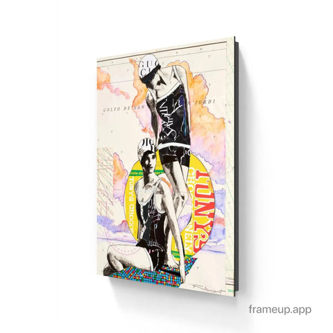A gucci canvas art print featuring two stylized figures in swimwear on a colorful map background twin tides limited edition aluminum