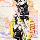 Illustration of gucci-branded black and white swimwear with bold graphics on vibrant collage background for twin tides limited edition aluminium