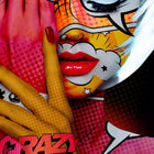 A woman with a colorful face and a red lipstick