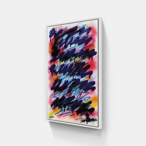A painting on a wall with a white frame