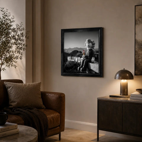 Black-framed black-and-white usa kweamood original aluminium artwork featuring kaws character seated on hollywood sign